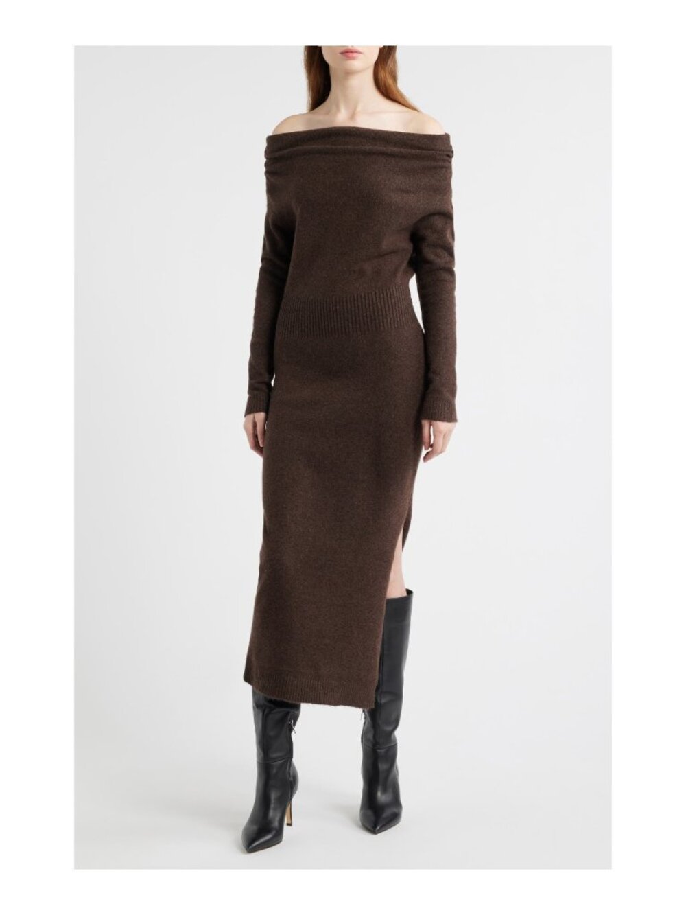 NWT ASTR THE LABEL One-Shoulder Sweater Dress Espresso Side Slit Size L